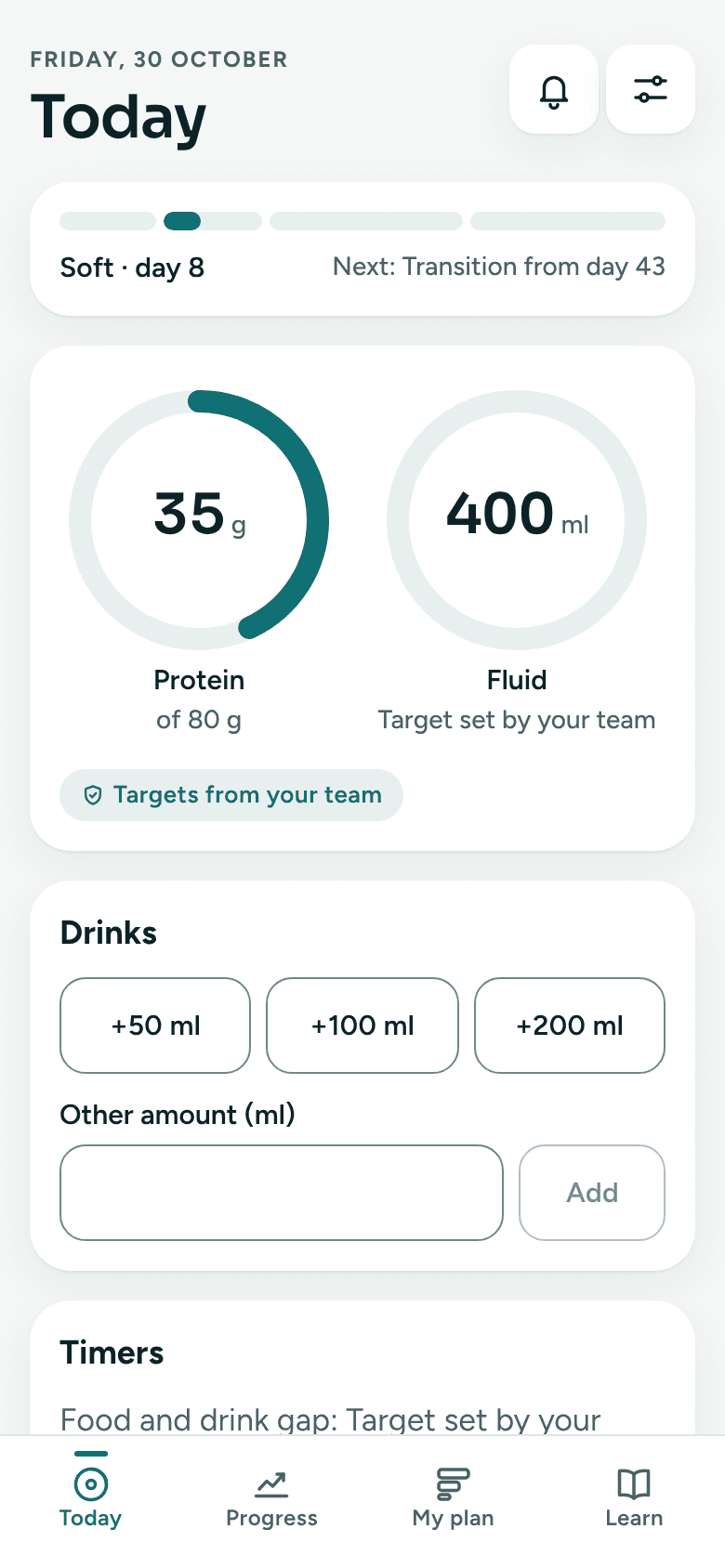 The Bariplate Today screen: soft foods stage, day 8, with protein and fluid rings against the team's targets and buttons to add a drink.